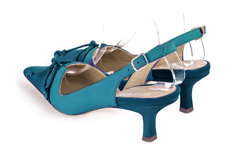 Peacock blue women's open back shoes, with a knot. Tapered toe. Medium spool heels. Rear view - Florence KOOIJMAN